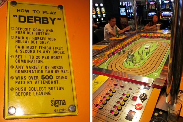 Instructions for playing Sigma Derby (left); a view of the track (right). 