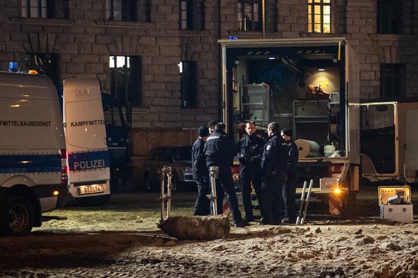 German authorities with a 500-pound bomb discovered during construction work. Such discoveries are regular occurrences in cities that were bombed during World War II. 