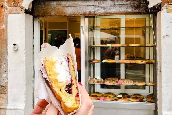 The crostata, with the storefront in the background.