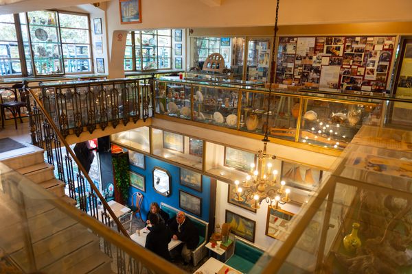 The interior of the cafe is covered in historical bric-a-brac.