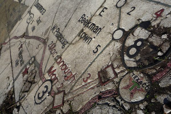 Detail of the Texaco map terrazzo mosaic tile floor of the New York State Pavilion (Tent of Tomorrow), 2009